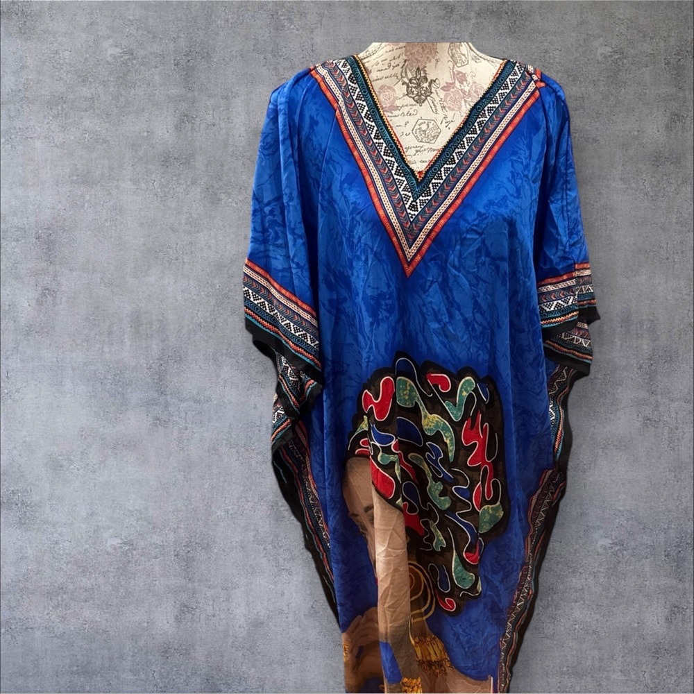Goddess Vibrant Blue and Red Long Kaftan Dress caftan Mumu Ethnic OSFM Tribal
